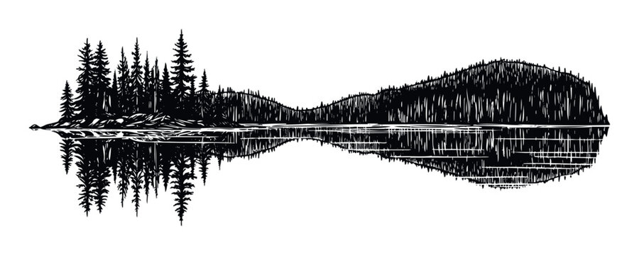 Stylized hand drawn forest with evergreen trees and serene mountain reflection on a tranquil lake surface creating a unique symmetrical nature landscape graphic for environmental themes and