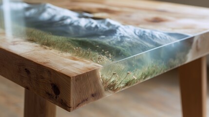 Artistic wooden table featuring a detailed resin landscape design with mountains and grass, creating a unique and immersive effect.