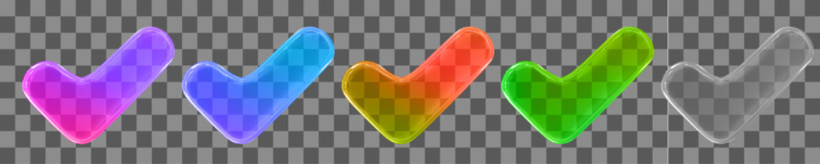 3d set neon glass transparent check mark icon. Y2k style. Stock vector illustration on isolated background.
