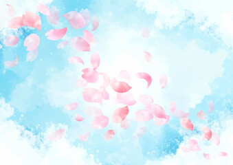 水彩 春の青空に舞い散る桜の花びらの背景　フレーム