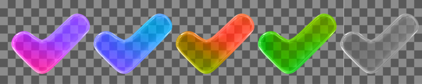 3d set neon glass transparent check mark icon. Y2k style. Stock vector illustration on isolated background.