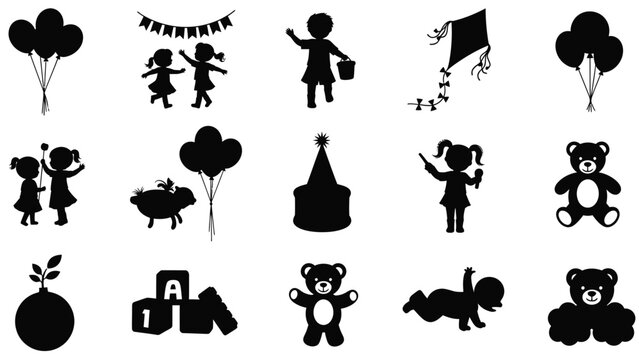 Silhouettes of children playing with balloons and kites on a white background teddy bears