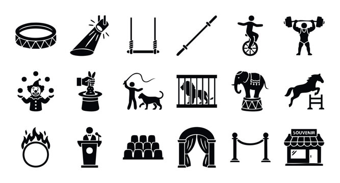 Set of circus performance and amusement icons including acrobats, animals, and ringmasters perfect for event branding and show business advertisements