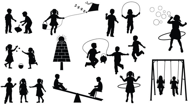 Silhouettes of Children Playing with Various Toys and Activities playground
