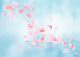 水彩 春の青空に舞い散る桜の花びらの背景　フレーム