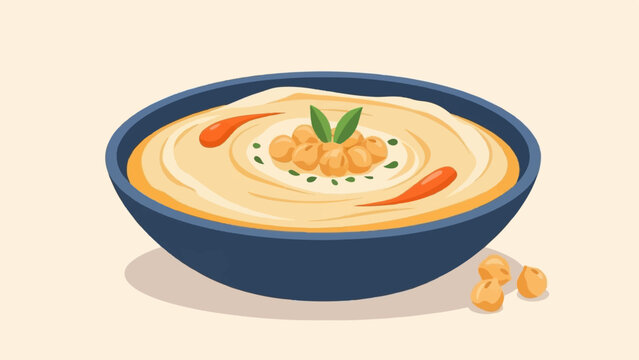 Creamy dip with chickpeas, red pepper swirls, and green herbs in a blue bowl