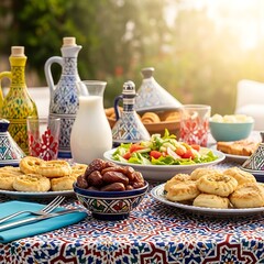 Traditional moroccan food and drinks on a colorful tablecloth outdoors at sunset