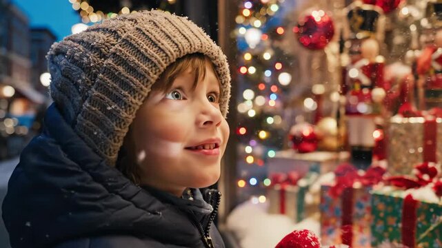 Child Wearing Winter Hat And Mittens Looking At Christmas Window Display With Snow Falling Gently
