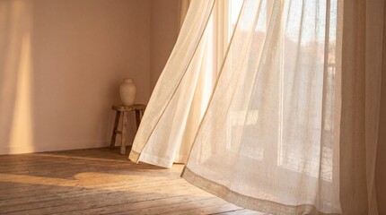Soft sunlight filters through sheer curtains in a serene and empty room interior scene