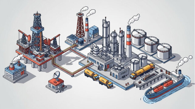 Industrial oil and gas refinery complex with offshore platform and tanker ship illustration.