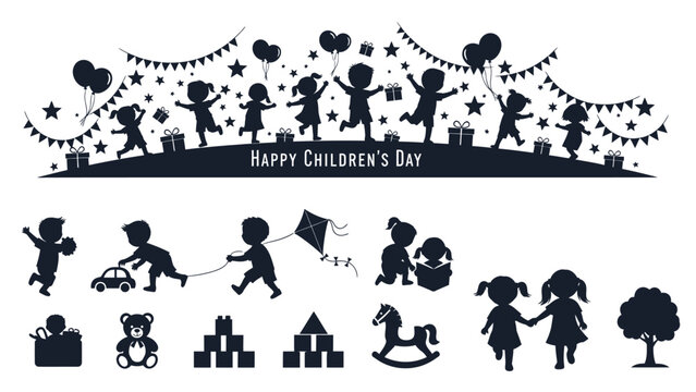 Silhouette Children Celebrating with Balloons and Gifts on White Background silhouettes