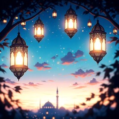 Obraz premium Eid mubarak lanterns hang from tree branches against colorful sunset sky with mosque