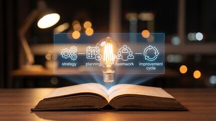 Innovative strategies for business planning open book concept indoor workspace visual content modern environment engaging perspective