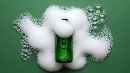 Green Glass Bottle Covered in White Soap Foam on Green Background