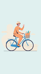 Obraz premium Cheerful Cyclist Delivering Groceries On a Bicycle Fresh Lifestyle Concept