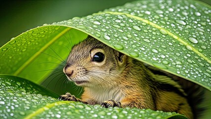Cute Chipmunk Peeking From Under Large Green Leaf With Water Droplets Close Up.jpg
