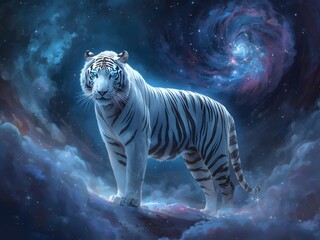 Majestic tiger portrait with neon galaxy lighting cinematic close up high resolution perfect for stock and commercial use