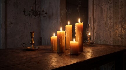 Cluster of candles on a wooden table in a dimly lit, rustic room interior scene viewed closely
