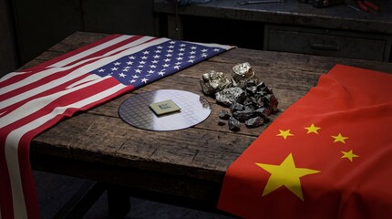 Semiconductor sanctions impacting global trade usa vs china infographic industrial setting close-up view geopolitical tensions