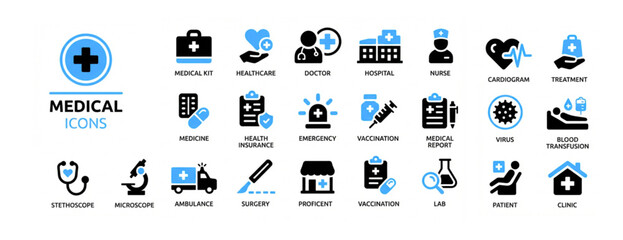 vector set of Medical icons. Medical icon set silhouette vector. Healthcare and wellness solid icon set: medical, fitness, and nutrition symbols