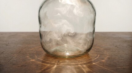 A glass jar on a wooden table with bright light reflections from above viewpoint