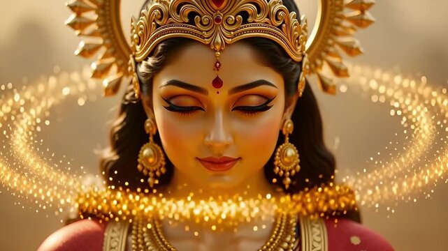 Ethereal South Asian woman portrayed as a divine Hindu goddess meditating with a swirling golden light halo, representing spiritual awakening and divine feminine power.
