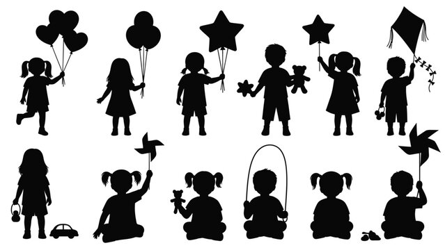Silhouette Children Playing with Toys and Balloons kids