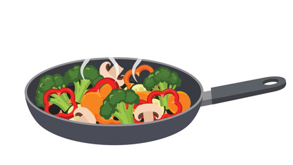 Vibrant fresh vegetables sizzling in a dark cooking pan, creating a wholesome and nutritious meal preparation scene perfect for healthy eating and