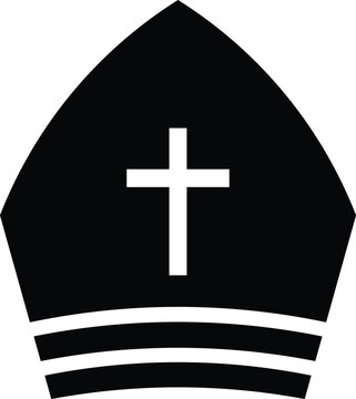 Black bishop hat with white cross and horizontal stripes mitre Christian symbol