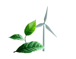 Wind Turbine with Green Leaves Symbolizing Renewable Energy.