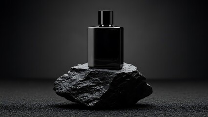 Black Rectangular Perfume Bottle Product Shot on Dark Rock