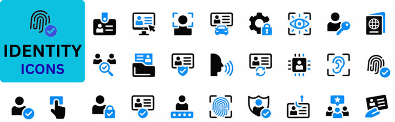 Identity icon set. Identity solid icon set. Security icon set. Identity and security solid icon set. 