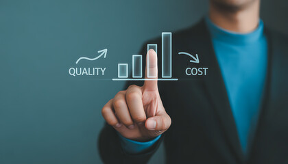 Businessman in suit touching virtual graph showing quality vs cost trade-off