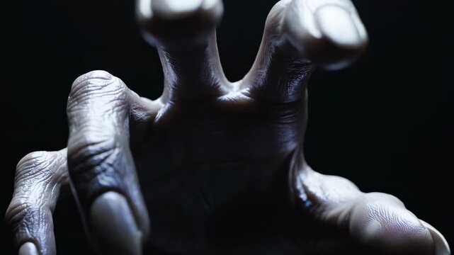 This detailed close-up features a gnarled, pale hand, seemingly otherworldly, emerging from deep shadow. Its textured skin and long nails are sharply lit, creating a chilling, suspenseful mood in a
