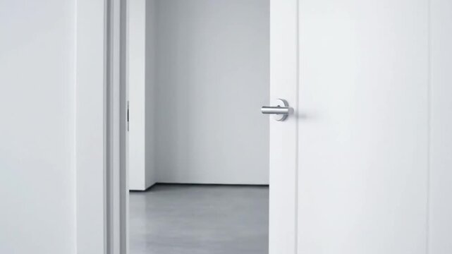 An open white door with a silver handle leads into an empty, neutral-toned room
