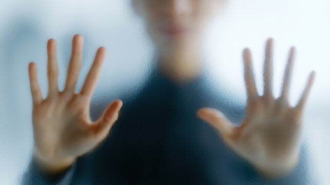 Outstretched hands touching transparent glass, person in background out of focus, creating a mysterious and abstract effect.
