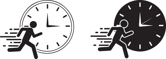 Two stick figures running in front of clocks, symbolizing urgency, time management, and racing against the clock in business and daily life.