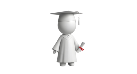 A 3D cartoon character in a graduation gown and cap holding a diploma