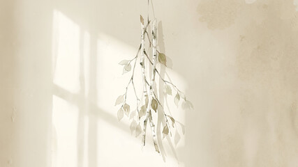 Serene birch branches hanging decoratively on a light wall with natural light shadows, with copy space
