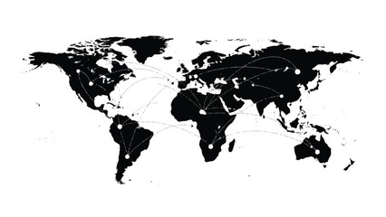 Black Silhouette Continents Map with Dotted Flight Routes white background © Vector Art
