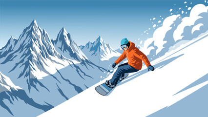 Winter Snowboarding Vector Illustration A Thrilling Ride Down a Snowy Mountain Slope © PDWN Creative