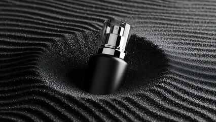 Black Cosmetic Spray Bottle Product Shot on Textured Sand