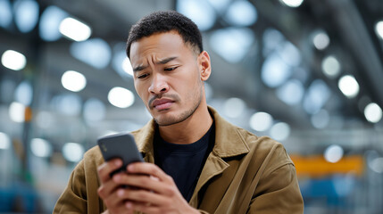 Worried man looking at smartphone with concerned expression. Job search stress, unemployment anxiety, checking mobile phone. Young professional reading bad news, career uncertainty concept.