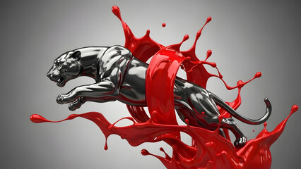 A sleek black panther runs through a vibrant red liquid splash