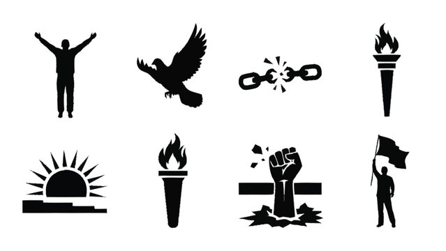 Black and white symbols of freedom and revolution with broken chains and raised fist