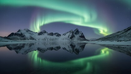 The aurora borealis displays vibrant green swirls amidst a backdrop of countless stars