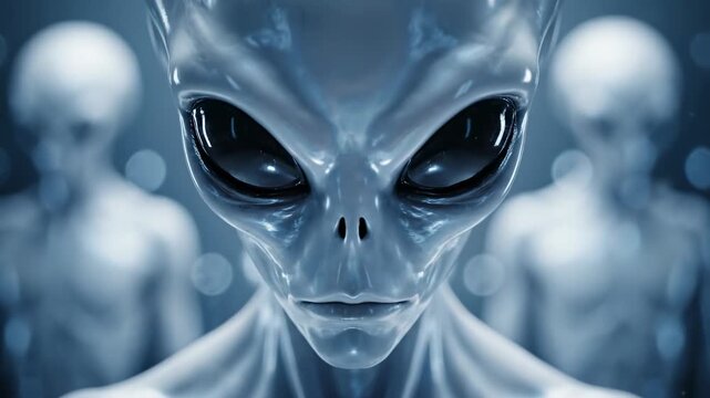 A trio of grey aliens stands in a futuristic setting as the camera zooms into the central figure. The close-up reveals glossy metallic skin and vast black eyes. It reflects eerie cosmic silence.