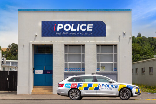 New Zealand small town police station and Skoda Superb patrol car at Hunterville on January 10, 2026.