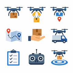 Drone delivery icons set: technology and logistics in modern transportation