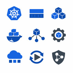 Set of blue technology and cloud computing icons